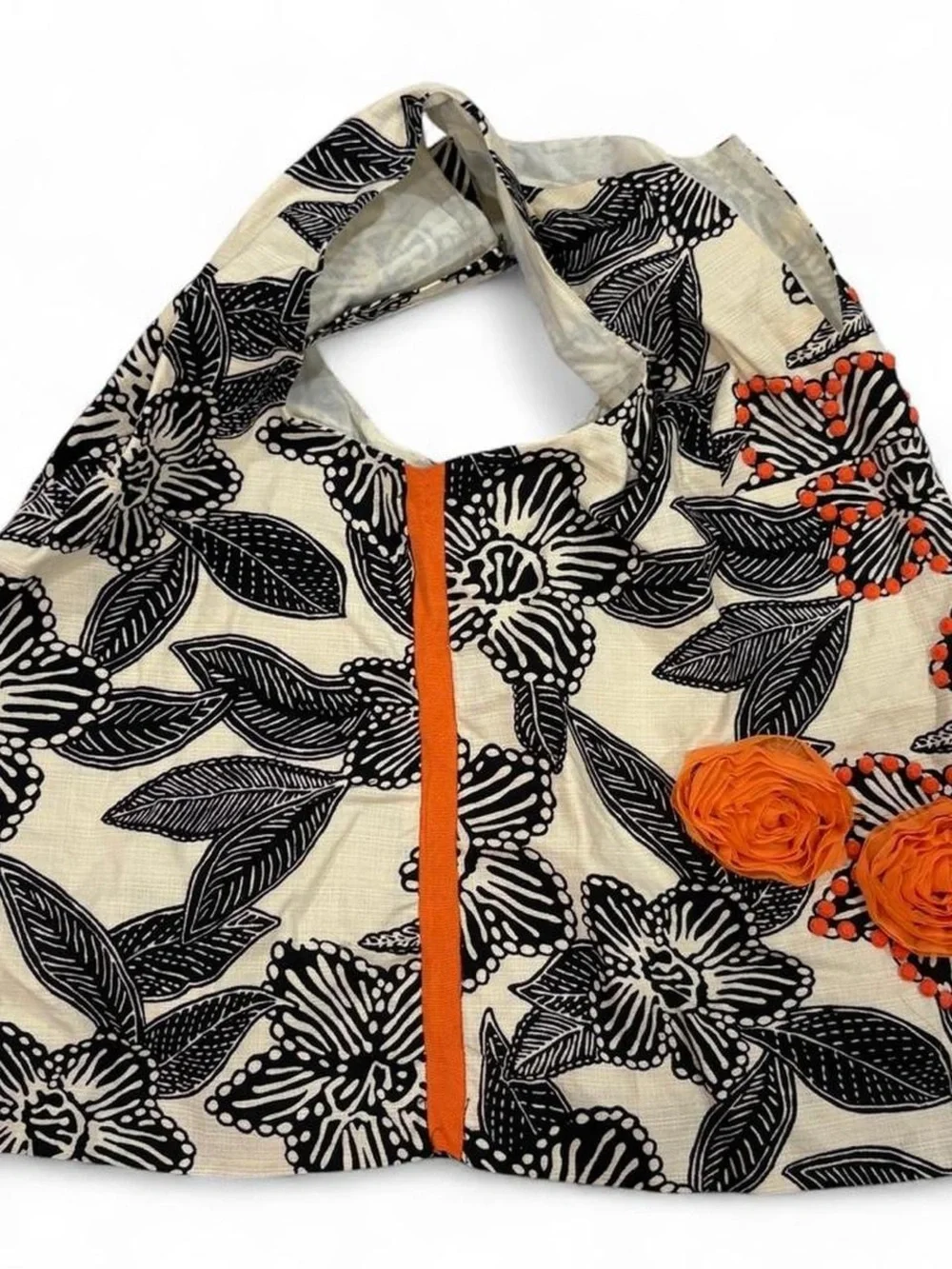 Custom J.Crew orange + black Notched Shell Polynesian floral tank top beaded